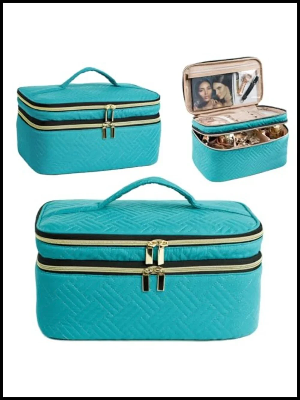 Large Double Layer Train Case Makeup Bag, Water-Resistant Velvet Organizer,